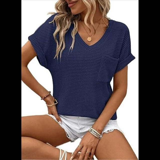Camiseta Básica de Corta para Mujer, Informal, de Punto Gofre, con Cuello en V, Color Azul Marino, Talla S