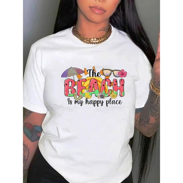 Women's Casual Summer Tee - Watermelon Beach Graphic, Crew Neck Short Sleeve, Stretchy Polyester Blend, Machine Washable