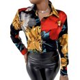 thumbnail image 3 of hirigin Puloru Elegant Fashion Autumn Women Shirts Retro Letter/Chain/Leopard/Floral Print Long Sleeve Lapel Button Down Blouse Office, 3 of 7