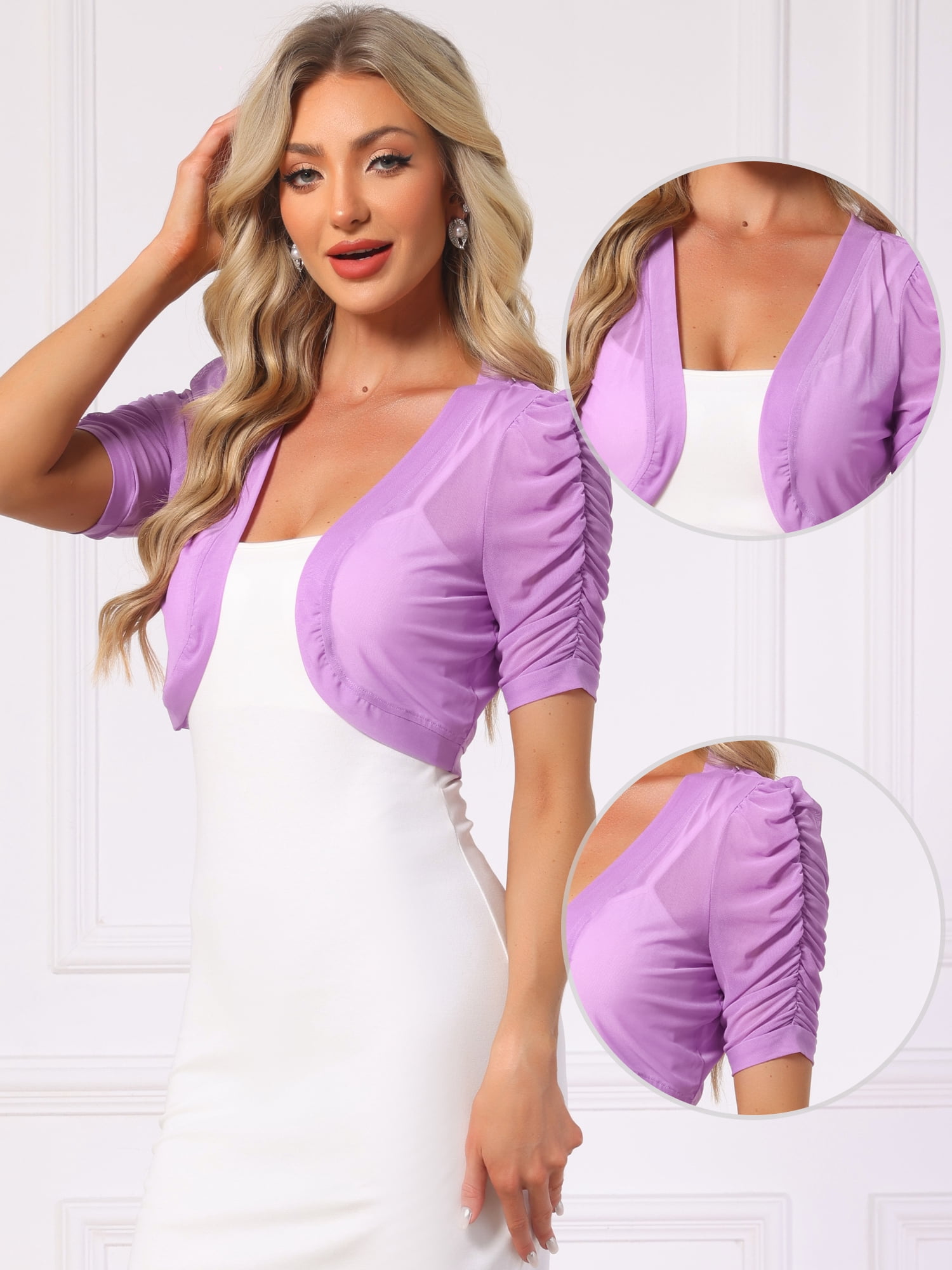DARING DIVA Women's Open Front Short Sleeve Mesh Sheer Shrug M Light Purple