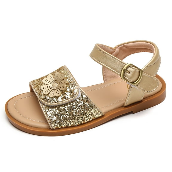 DADAWEN Toddler Girls Sandals Flats Open Toe Two Strap hook&loop Dress Sandals Gold 8.5 Toddler