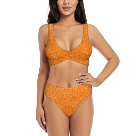 Zeuib Orange Glitter2 High Waisted Tummy Control Bikini Set - Knot Front Push Up Top & Cheeky Thong Bottom  Two-Piece Swimsuit for Women-Small