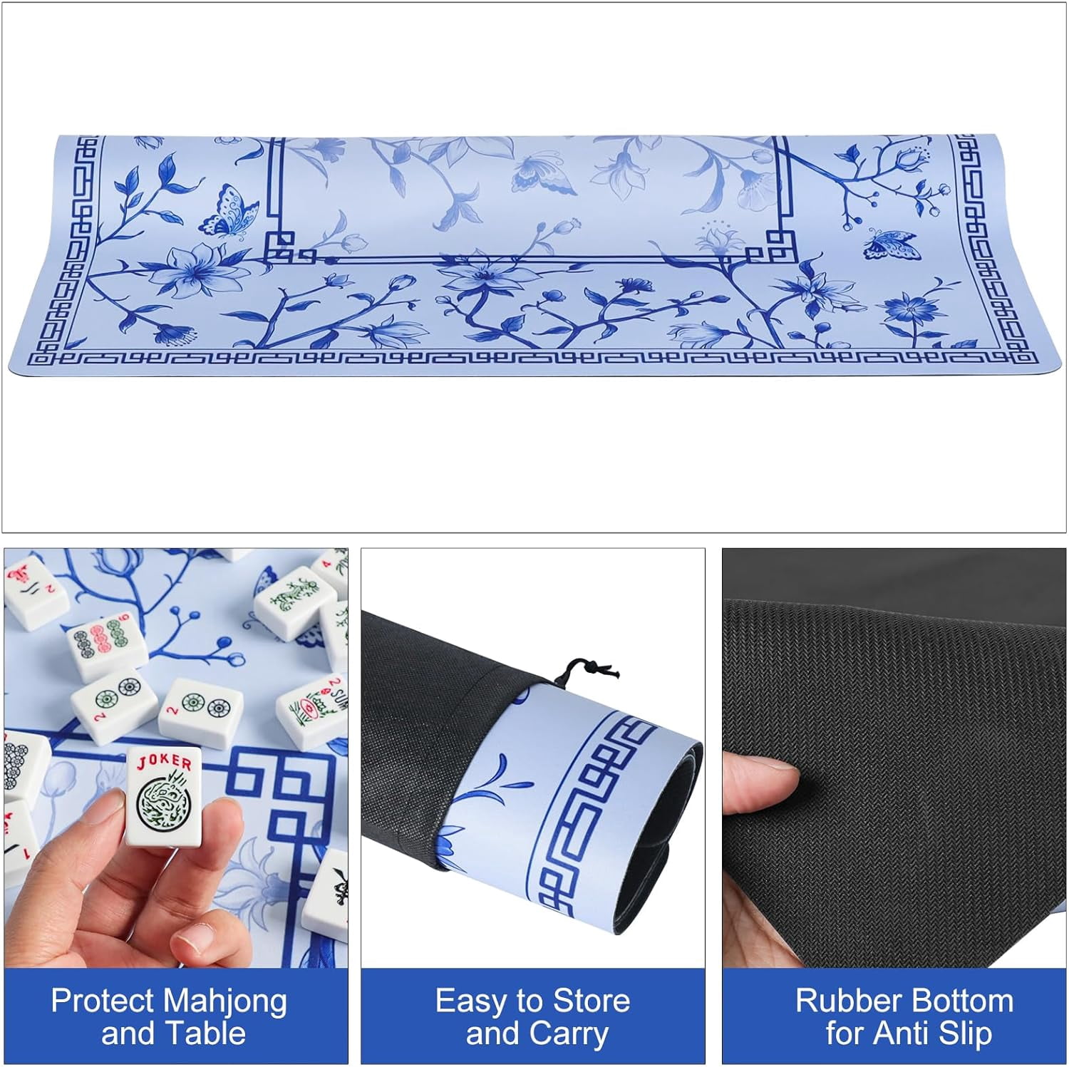 Large Blue Printed Mahjong Mat (31.5”x31.5”) with Black Carrying Bag, Anti-Slip, Noise-Reducing, Mahjong Table Mat for Mah-jongg,Poker, Board Games, Dominoes, and Card