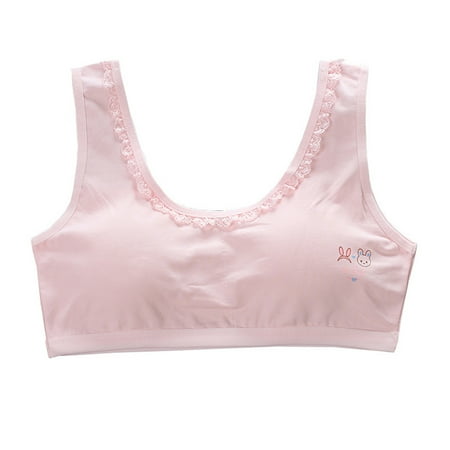 

VIEGINE Young Girls Cotton Sports Training Bra Wide Strap Lace U-Neck Puberty Bralette Cartoon Rabbit Print Wirefree Padded Vest Crop Top Underwear