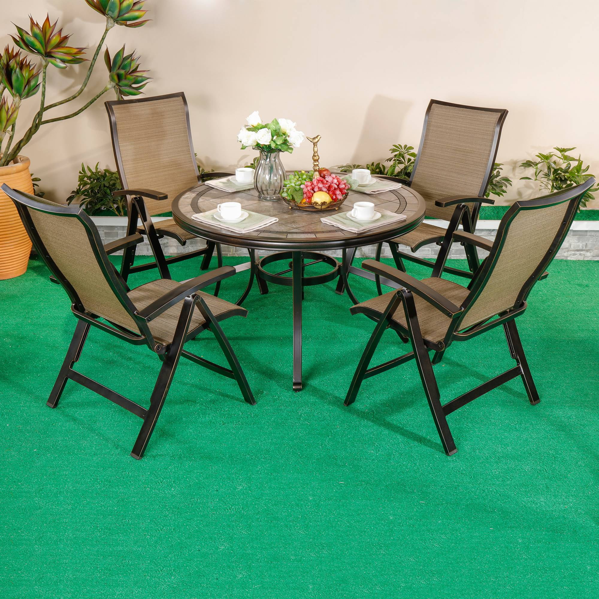 Dali 5 Piece Outdoor Dining Set Patio Furniture Aluminum Folding Chair Sling With 46 Inch Round Mosaic Tile Top Table