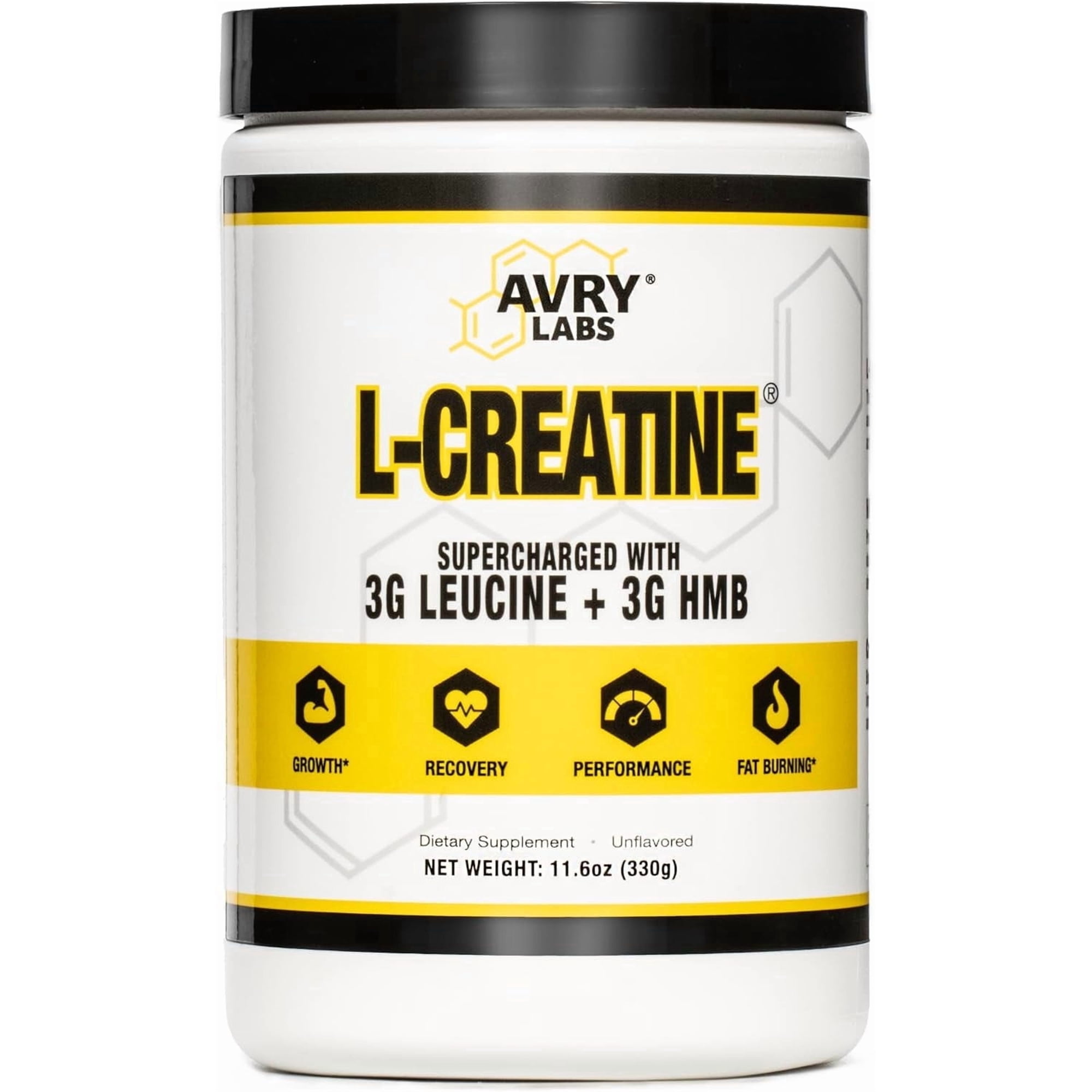 Avry Labs L-CREATINE Supplement Powder with Creatine Monohydrate, L-Leucine Amino Acid & HMB – Supports Muscle Performance, Strength, Recovery & Body Composition – Vegan, Unflavored, 11.6 oz (330g)