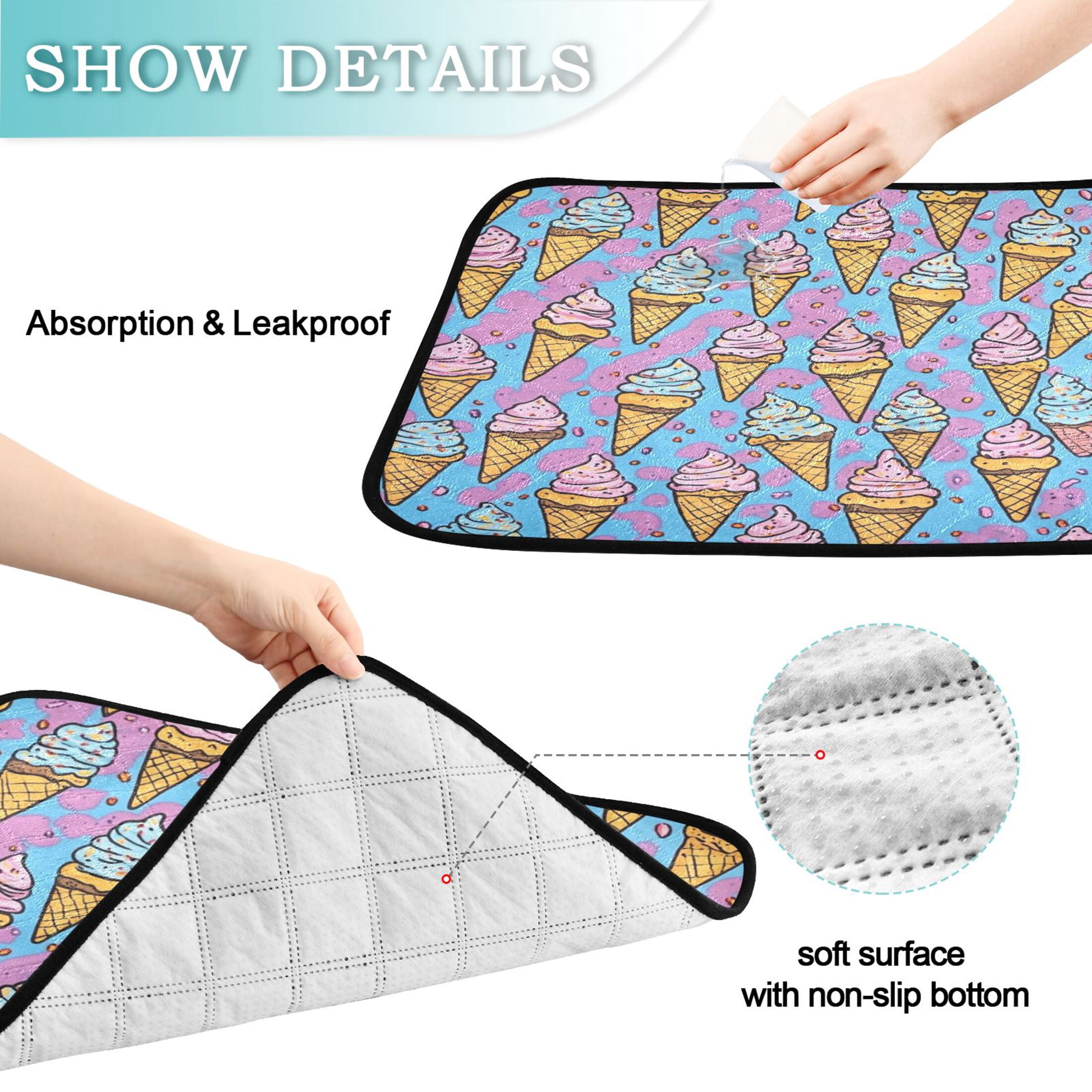 Qxltty Ice Cream Cones Cartoon Patterns Cat litter Pads Pet Set of 2 Diaper Mats Center Anti-leakage Layer Absorbent Soft and Comfortable
