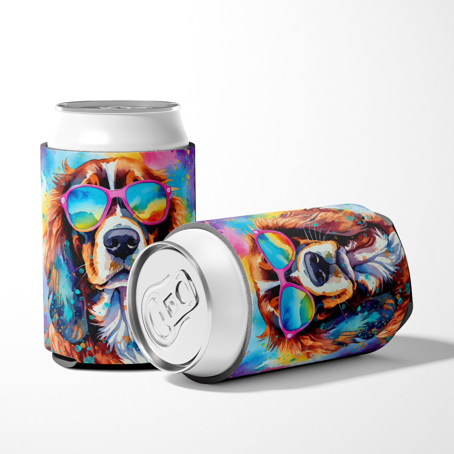 Cavalier Spaniel Hippie Dawg Can or Bottle Hugger 3 in x 5 in