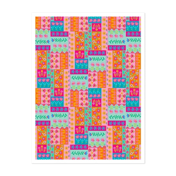 Floral Patchwork Delight - Mixed Media Pattern Floral Geometric Modern Art Abstract Boho Unframed Wall Art Print 5 x 7 inches