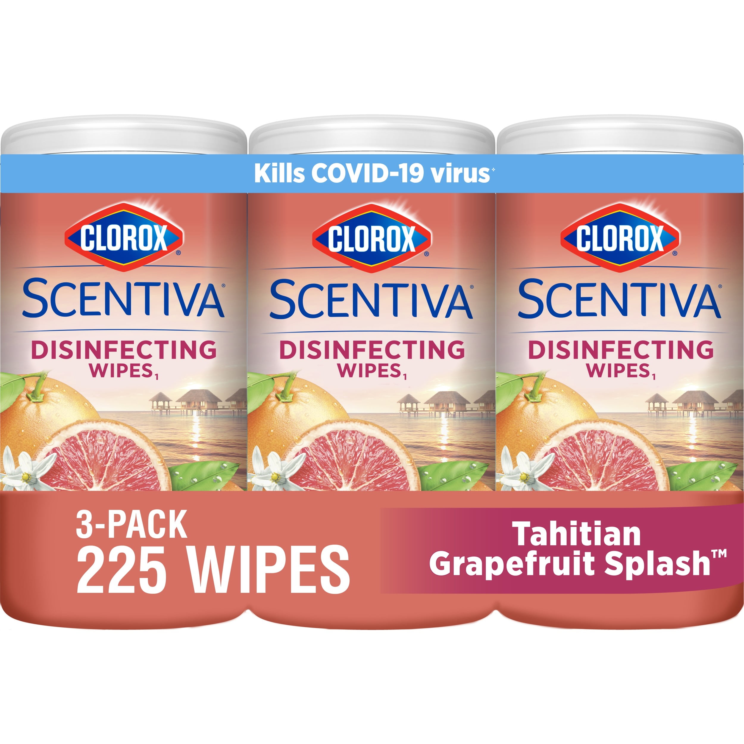 Clorox Scentiva Wipes, Bleach Free Cleaning Wipes, Tahitian Grapefruit Splash, 75 Ct, Pack of 3