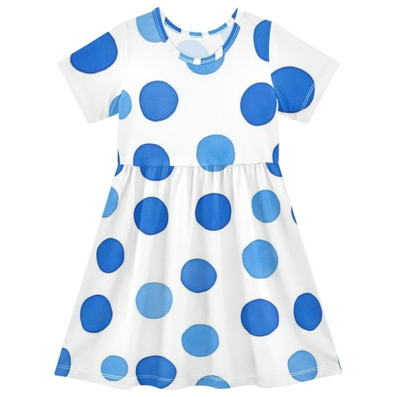 Cute girls short-sleeved dress, fresh summer model, comfortable and breathable, beautifully printed design style! Blue Polka Dots