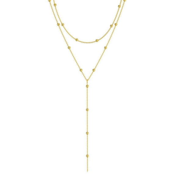 MACEHLJP Lariat Pendant Necklace 14k Gold Plated Layered Beaded Chain for Women