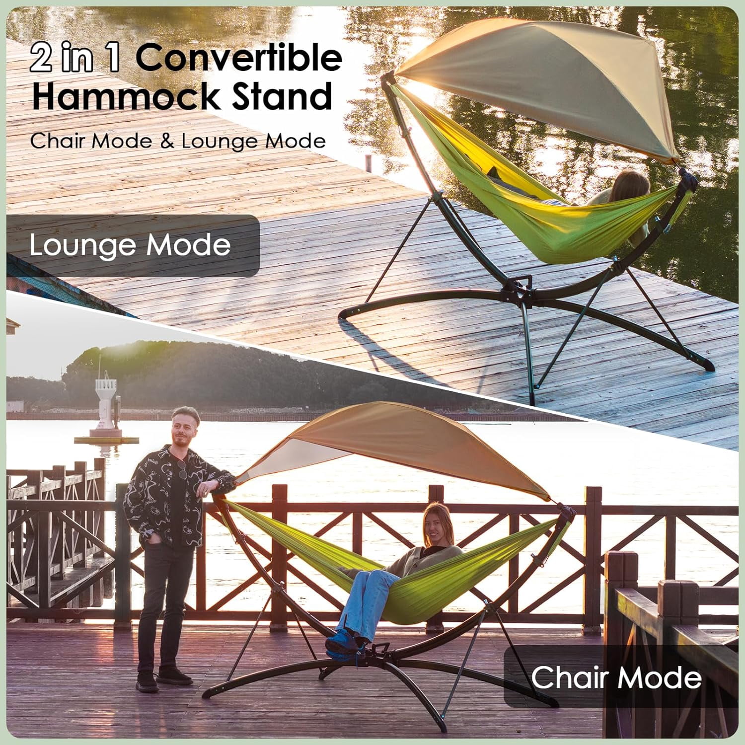 Portable Outdoor Garden Hammock with Quick-Fold Stand, Adjustable Sunshade, Storage Bag Hammock Chair Suitable for Camping, Home Gardens, Hotels, Outdoors, Beaches
