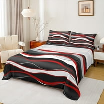 Manfei Modern Minimalist Artistic Twin Sheet Sets,Geometric Waves Lines Twin Fitted Sheet,Red Black Flat Sheet For Girl Teens,Microfiber Bedroom Decor,3-Piece