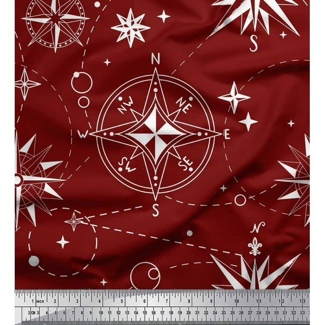 Soimoi Red Heavy Satin Fabric Direction Compass Nautical Decor Fabric Printed Yard 54 Inch Wide