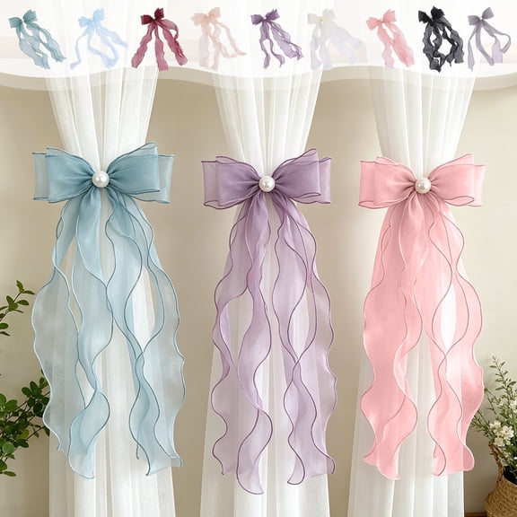 AOMXGD Sheer Organza Bow Curtain Tiebacks With Pearl Decor No Punch Wavy Tassel Curtain Straps 9 Colors Sweet Home Window Drape Decor Accessories