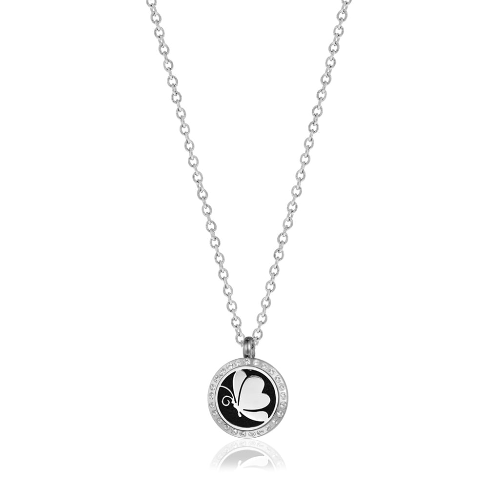 Mini Rhinestone Butterfly Silver Aromatherapy Oil Lockets Jewelry Essential Oil Diffuser Necklace with Gift Box