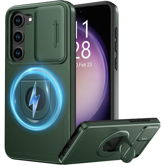 for Samsung Galaxy S22 Plus Case with Sliding Camera Lens Cover - Wireless Charging Compatible - Magnetic Kickstand - Shockproof Protective Phone Case 6.6" for Men Women Girls - Dark Green