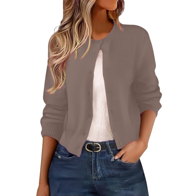 ManxiVoo Cardigan Court à Boutons pour Femmes, Manches Longues, Col Rond, Chandail Tricoté, Mignon, Tenue Décontractée, Taille TTG, Gris