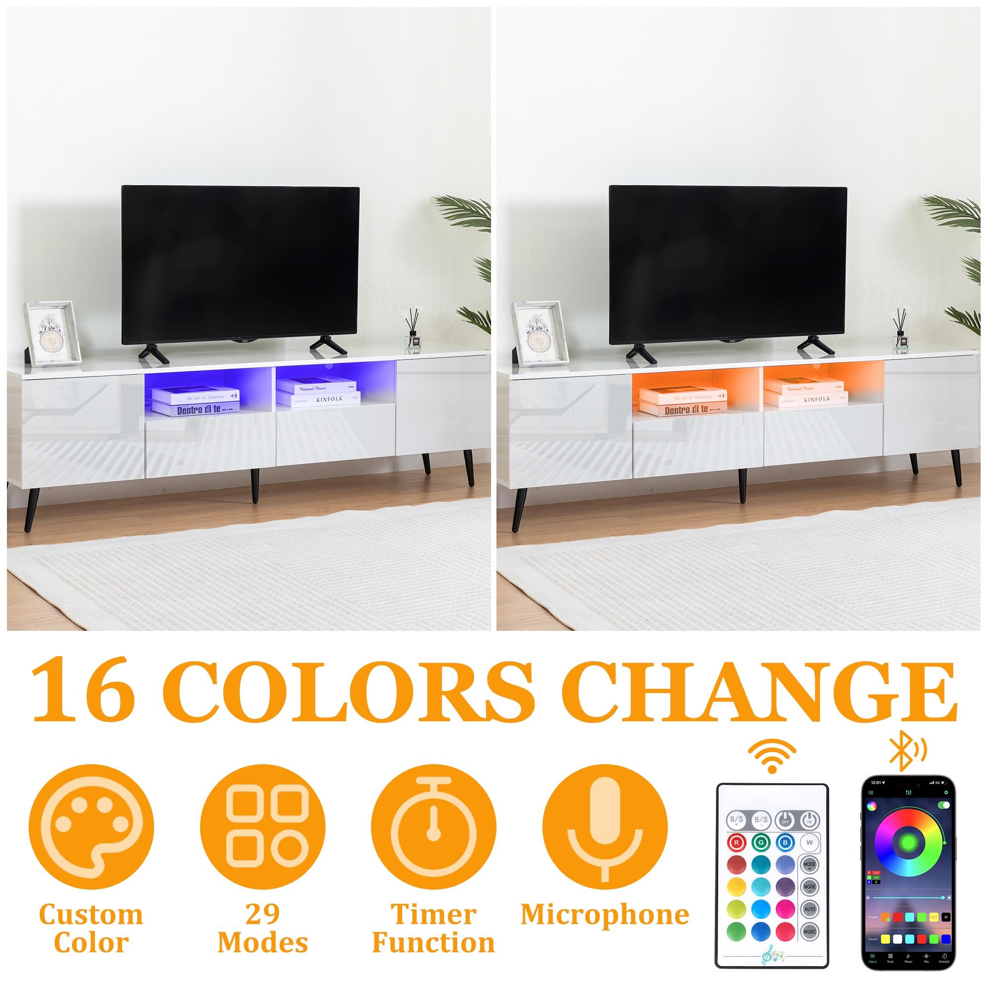 TV Stand for 75 Inch TV, Modern Entertainment Center with RGB LED Lights and Storage Drawers, High Gloss Living Room TV Cabinet, White