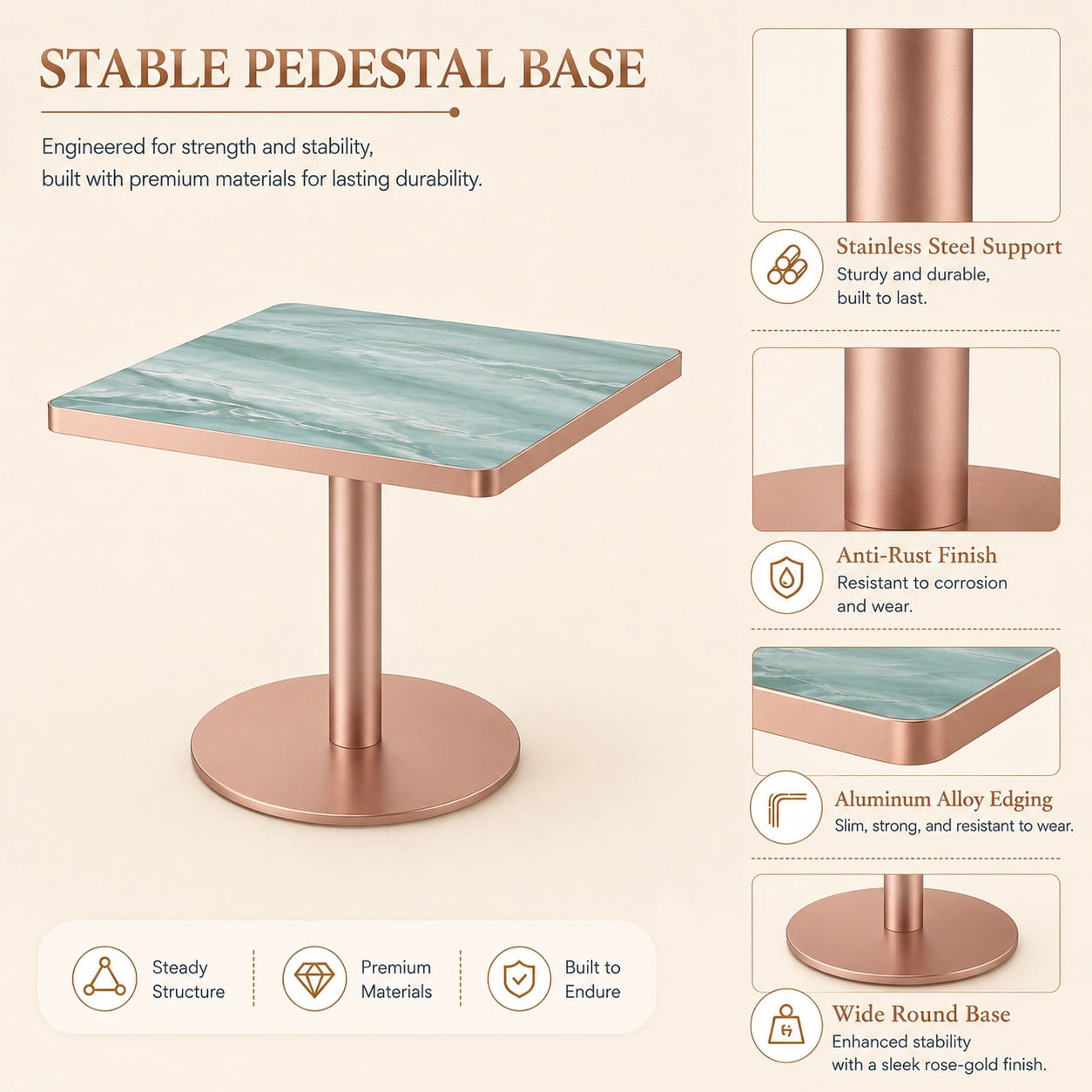 Aukfa 31.5" Square Dining Table for 2-4, Marble-Look Sintered Stone Top, Rose Gold Pedestal Base, Small Spaces,Emerald Green