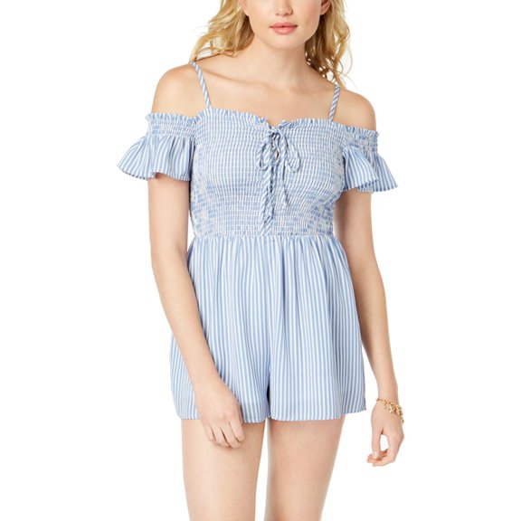 Almost Famous Juniors Smocked Cold Shoulder Romper Blue White XL