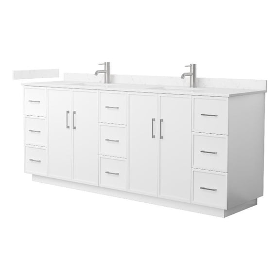 Wyndham Collection WCH747484DWHCCUNSMXX 84 in. Elan Double Bathroom Vanity with Toe Kick in White, Carrara Cultured Marble Countertop - Undermount Square Sink - Brushed Nickel Trim