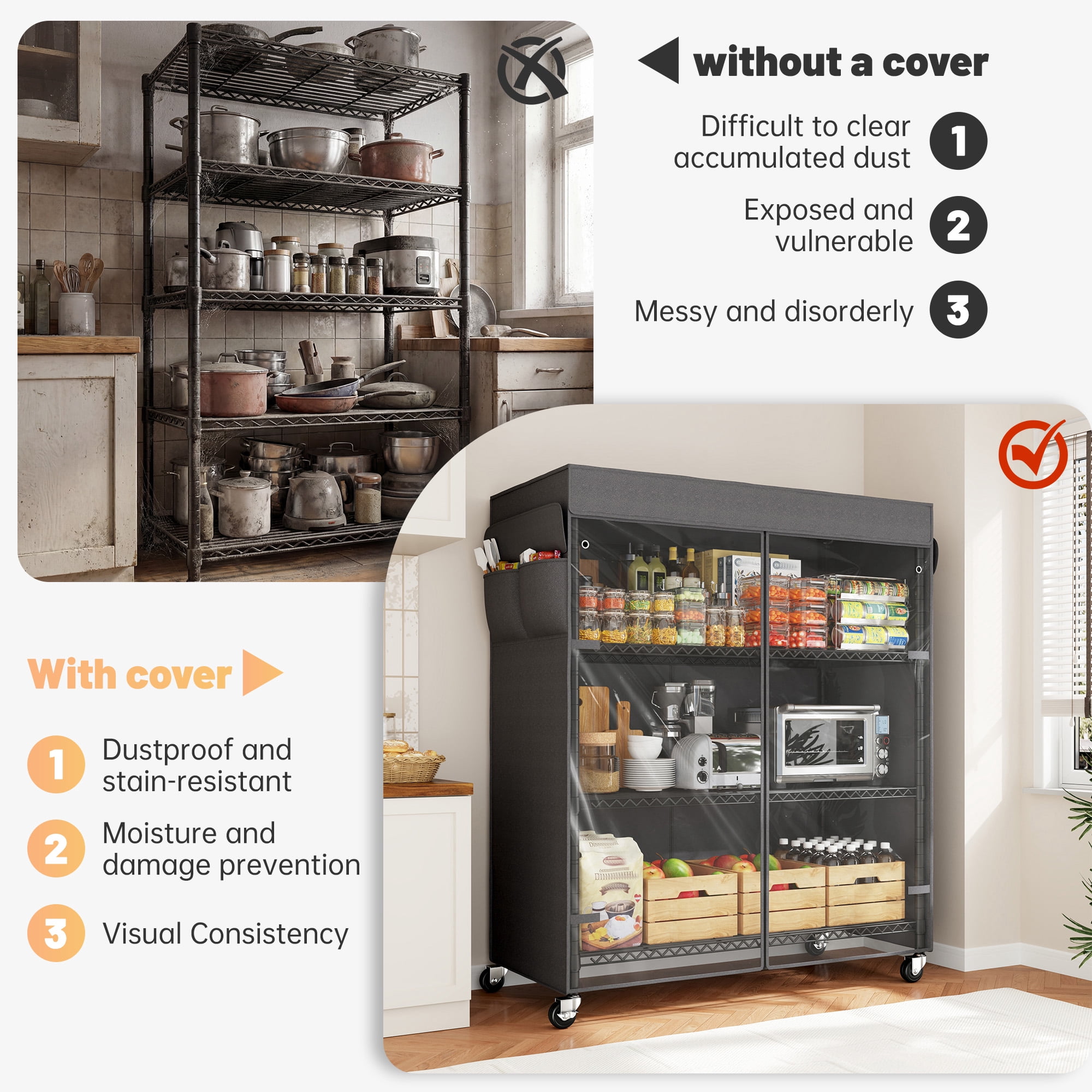 REIBII 4 Tier Wire Shelving Unit with Cover and Wheels,Heavy Duty Metal Storage Shelves Rolling Storage Rack for Pantry Kitchen Laundry Garage,36"W x 14.3"D x 56.5"H