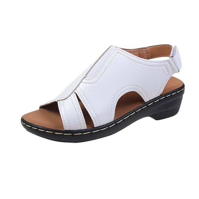 Wedge Sandals for Women Slingback Open Toe Side Cutout Soft Sole Non Slip Summer Leather Sandals White