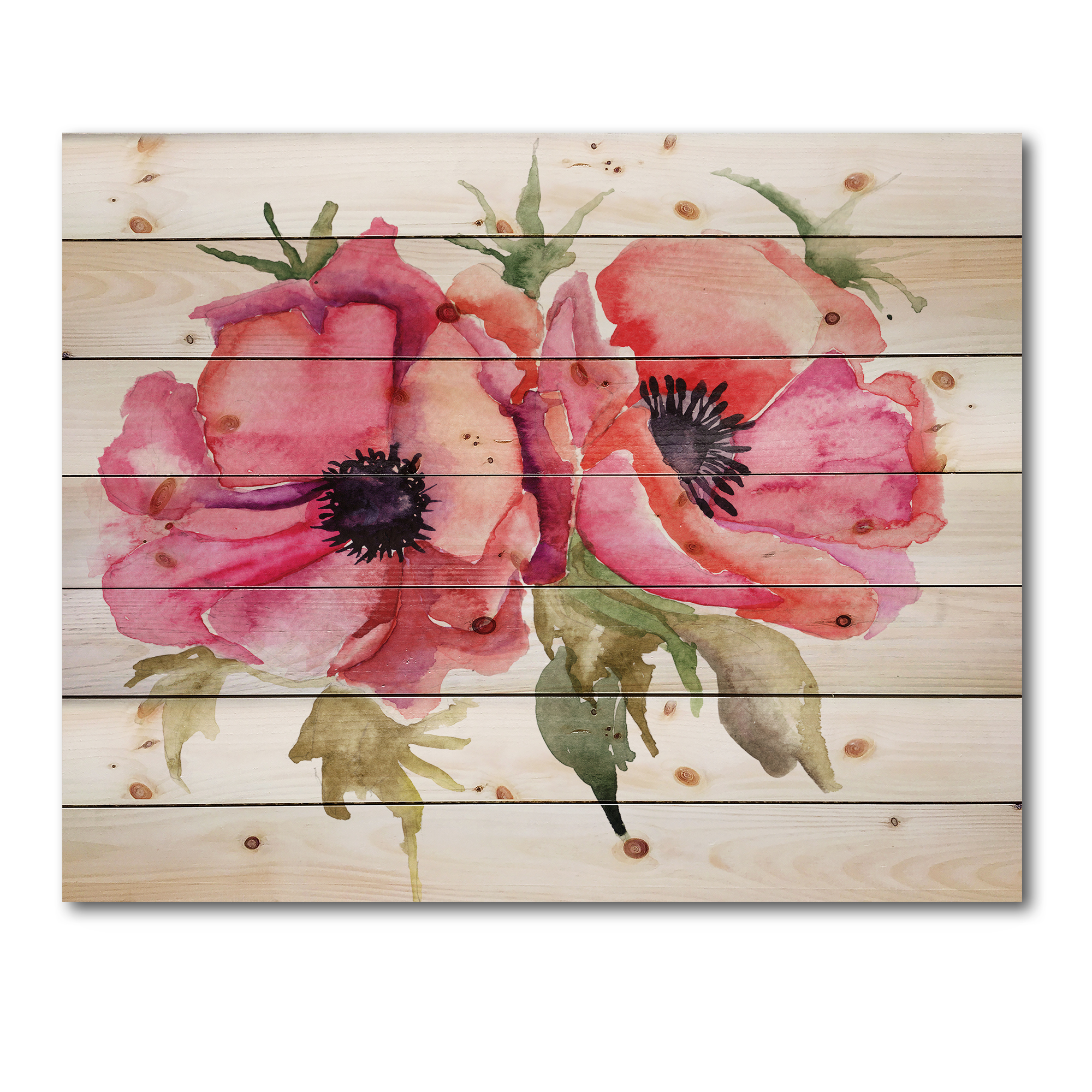 Designart 'Stylized Pink Poppy Flowers' Traditional Print on Natural Pine Wood