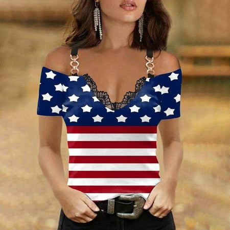 

Women Summer Sexy T-shirt American USA Flag Print Shirt Cold Shoulder V Neck Lace Camisole Short Sleeve Blouse