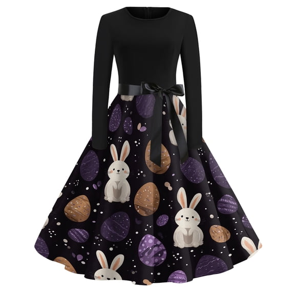 LWavelet Women's Long Sleeve Fit-and-Flare Dress, Floral Bunny & Carrot Patchwork Print with Satin Bow Belt for Casual & Easter Outfits Purple 5XL