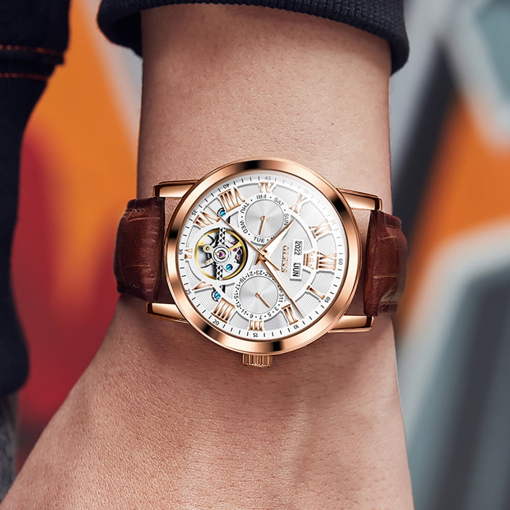 OLEVS Automatic Watches for Men Self Winding Mechanical Skeleton Flywheel Multifunction Luxury Dress Roma Rumerals Calendar Waterproof Luminous Men Wrist Watches Leather