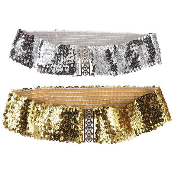 Masteelf Sequin Dress Belts 2pcs Wide Waist Belt Elastic Stretch Waist Band Cinch Belt With Buckle For 70s 80s Costume Halloween Disco Party For Women Girls Golden Sliver