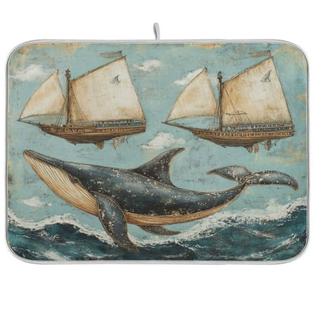 

Whales Swim with SailboatsKitchen Drying Mat Heat Resistant Drainage with Non-Slip Rubber Backing Hides Stains Super Absorbent Easy to Clean 18×24in