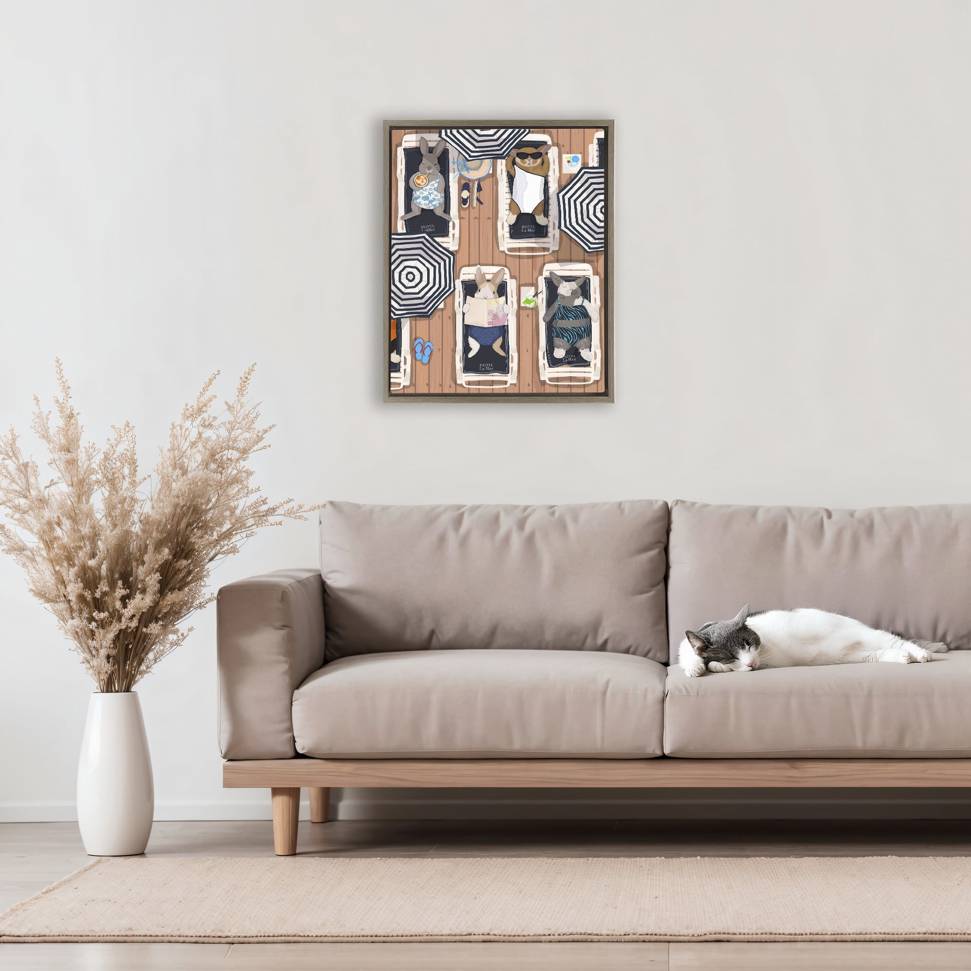 Stupell Industries Rabbits at Hotel La Mer Brown Framed Floater Canvas Wall Art, design by Hanna Melin