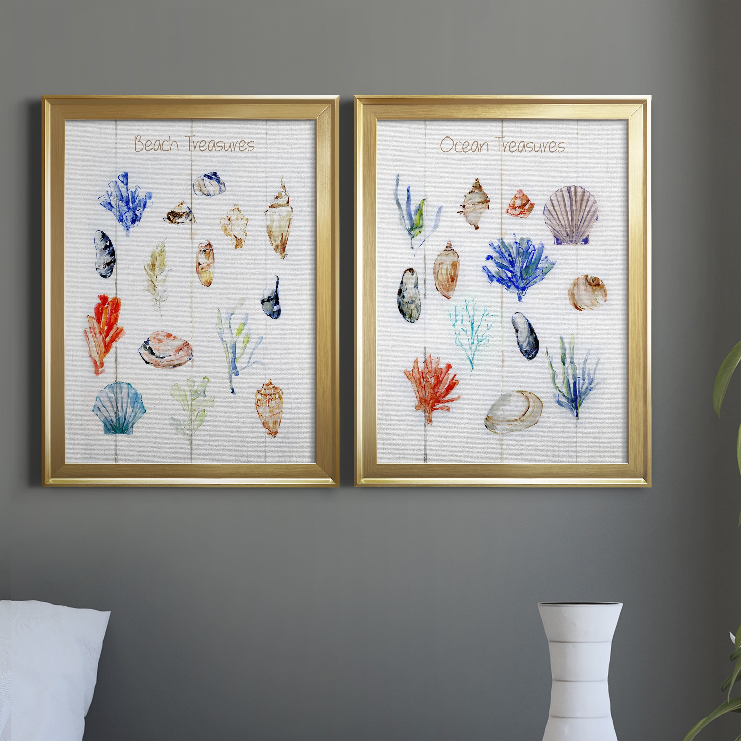 2 Piece Set Beach Treasures Premium Framed Canvas - Ready to Hang - 18.5 x 24.5 Each - Gold Frame