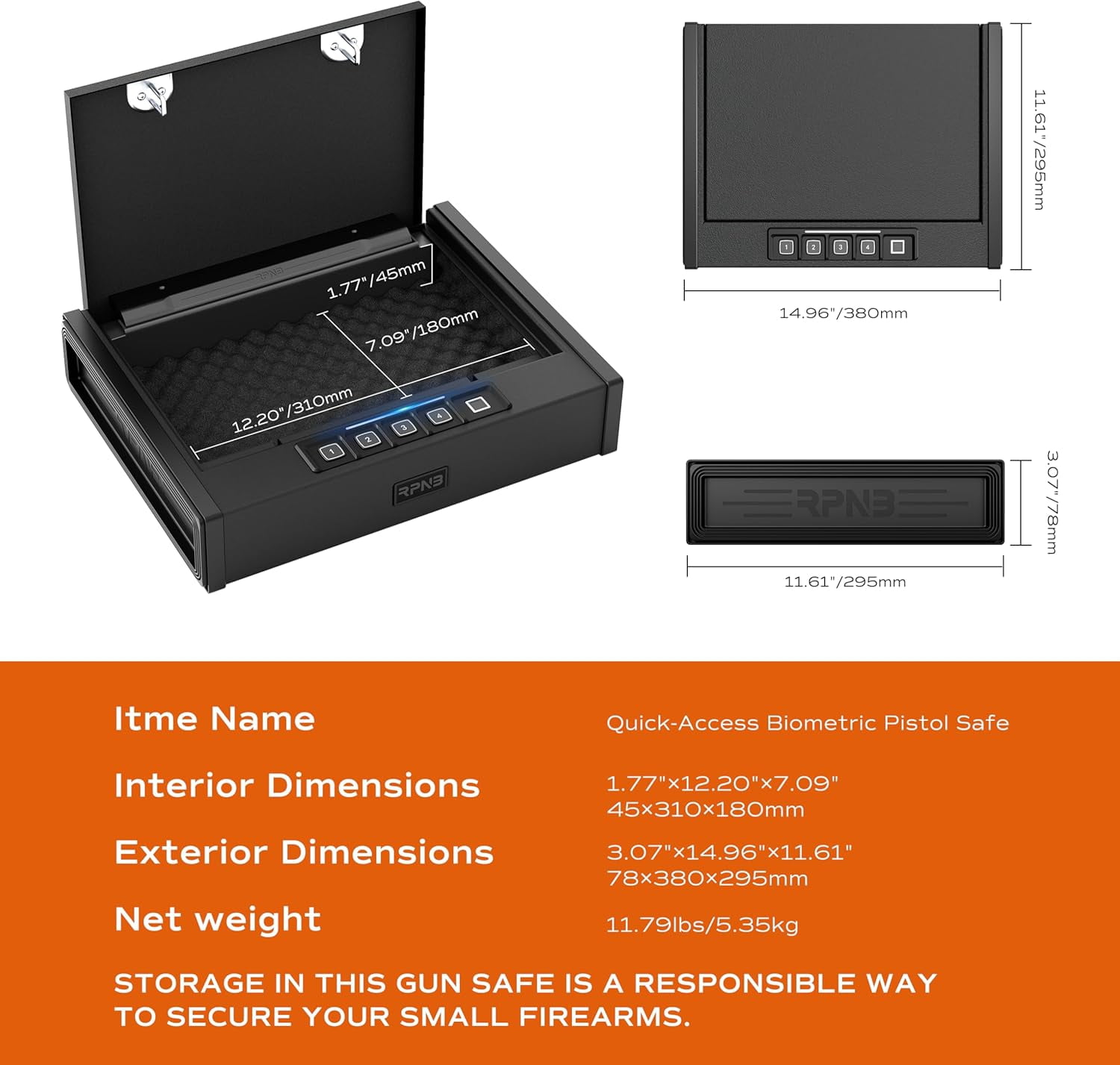 RPNB Gun Safe for Pistols Biometric Gun Safe with 3 Access Ways for 2 Pistols