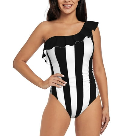 Medium Black And White Stripes Vertical Direction By One Shoulder Ruffle Swimsuits Bodysuit One Piece Swimwear Women New Female