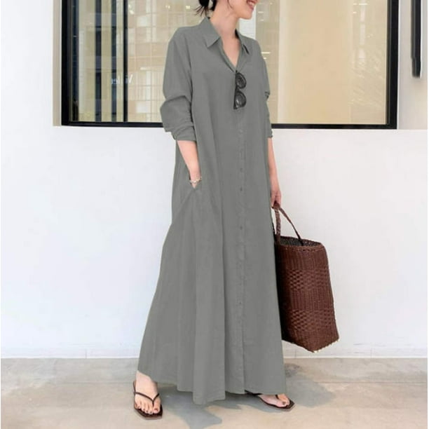 Manxivoo Long Sleeve Dress Women's Casual Button Down Cotton Linen Long  Shirt Dress with Pockets Fairy Dress Grey XL - Walmart Business Supplies
