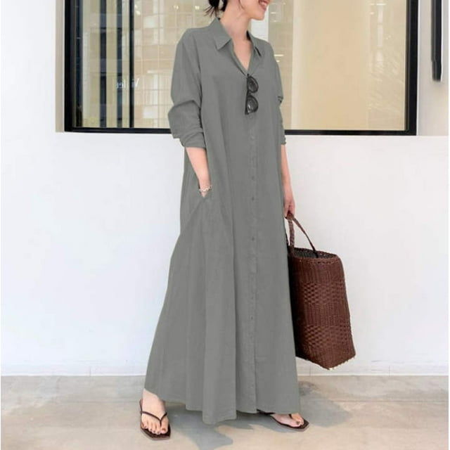 IDALL Robes Maxi, Robes Décontractées pour Femmes Robe Chemise Longue en Coton et Lin avec Poches Robe à Manches Longues, Robes Longues, Robes pour Femmes Robe Grise 4TG