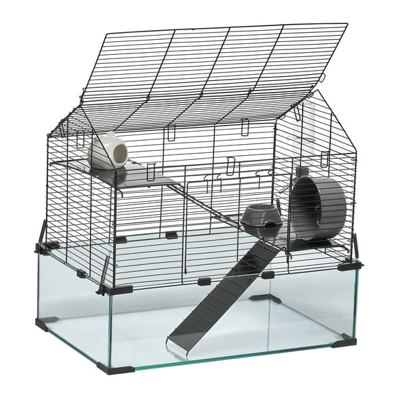 KFFKFF Hamster Cage, 360° Viewing Transparent Hamster Habitats, Small Animal Cage, 22.8 x 15 x 21.3 in, Ventilated Pet Mouse Cages with Water Bottle