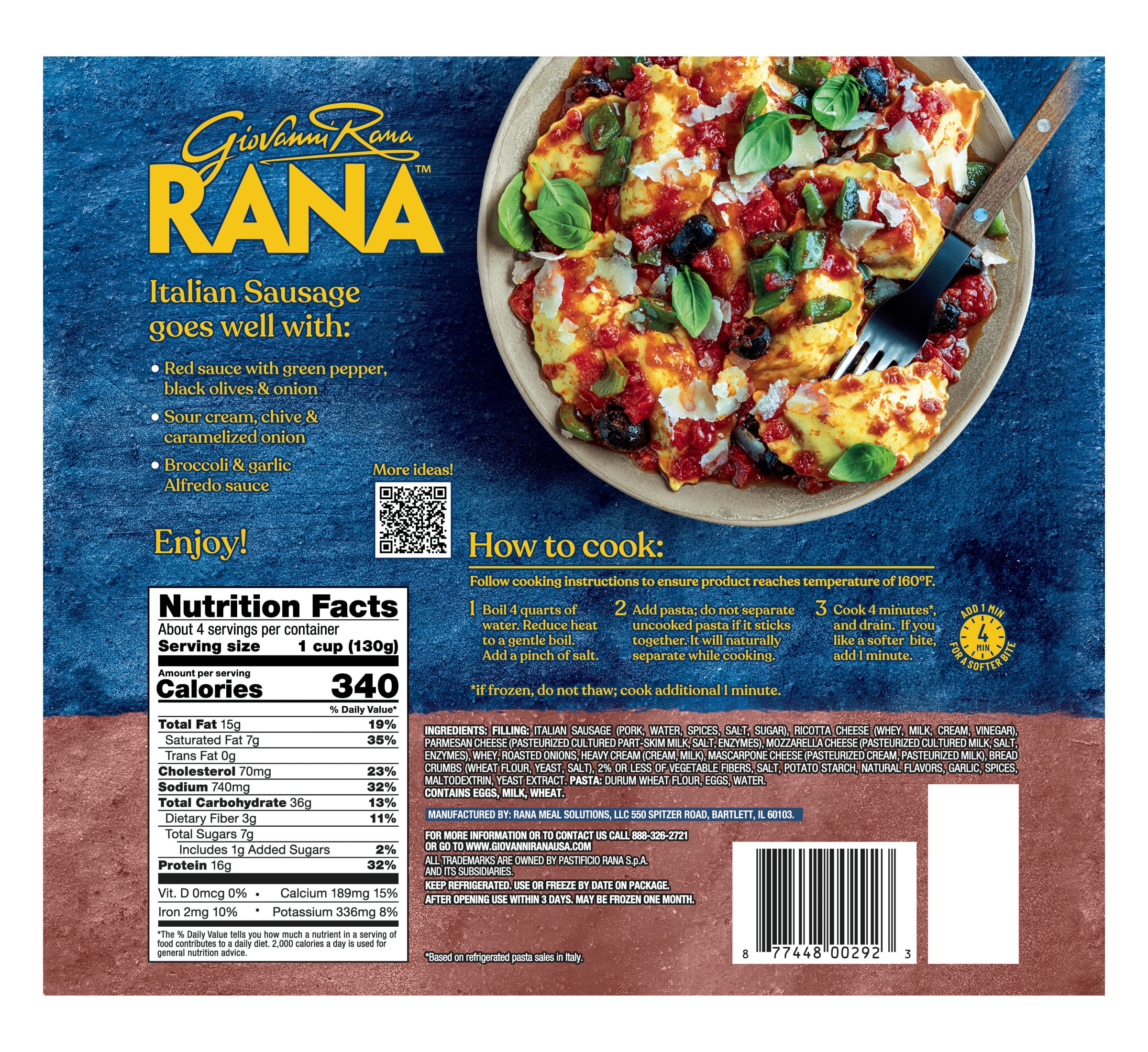 Giovanni Rana Homestyle Ravioli Italian Sausage Premium Filled Italian Pasta Bag (Family Size, 18oz), Refrigerated