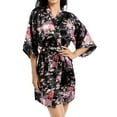 thumbnail image 4 of Defitshape Women's Satin Kimono Robe Lightweight Silk V Neck Pattern Dressing Gown Floral Print Bathrobe Short Belted Spa Sleepwear Bridal Bride 3/4 Sleeve Black Large, 4 of 5