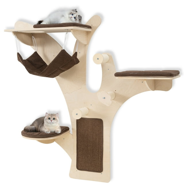 Gymax Wall-Mounted Cat Tower w/ Perch Hammock Sisal Scratching Posts & Mat Cushions