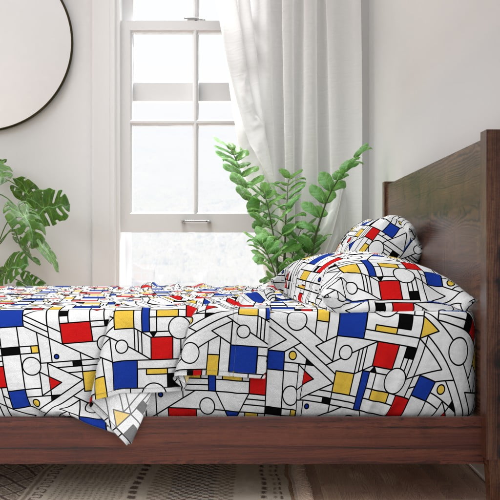 Mondrian Geometric Lines Primary Colors 100% Cotton Sateen Sheet Set by Roostery 