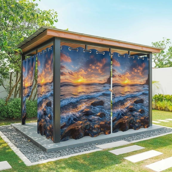 Outdoor Curtains for Patio Waterproof, Beach Reef Outdoor Privacy Panels Grommet, Beach Sunset Ocean Waves Natural Scenery Blackout Outside Curtains for Porch/Cabana/Pergola/Gazebo 54"x84", 1 Panel