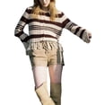 thumbnail image 1 of VISgogo Suéter de un solo pecho para mujer, patrón de rayas de color en contraste, manga larga, cuello vuelto, borlas, dobladillo, tops de punto VISgogo moda, 1 of 9