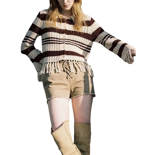 VISgogo Suéter de un solo pecho para mujer, patrón de rayas de color en contraste, manga larga, cuello vuelto, borlas, dobladillo, tops de punto VISgogo moda