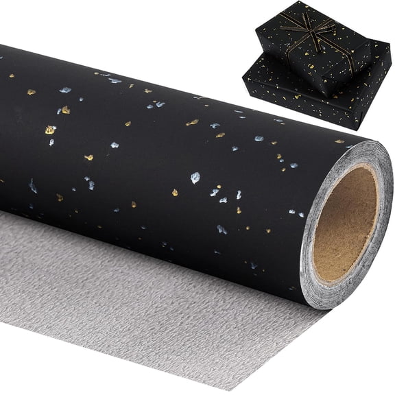 Black Wrapping Paper Roll - 17 Inch x 16.5 Feet - Black Gold Design with Silky Touch Perfect for Birthday, Wedding, Baby Shower, Holiday